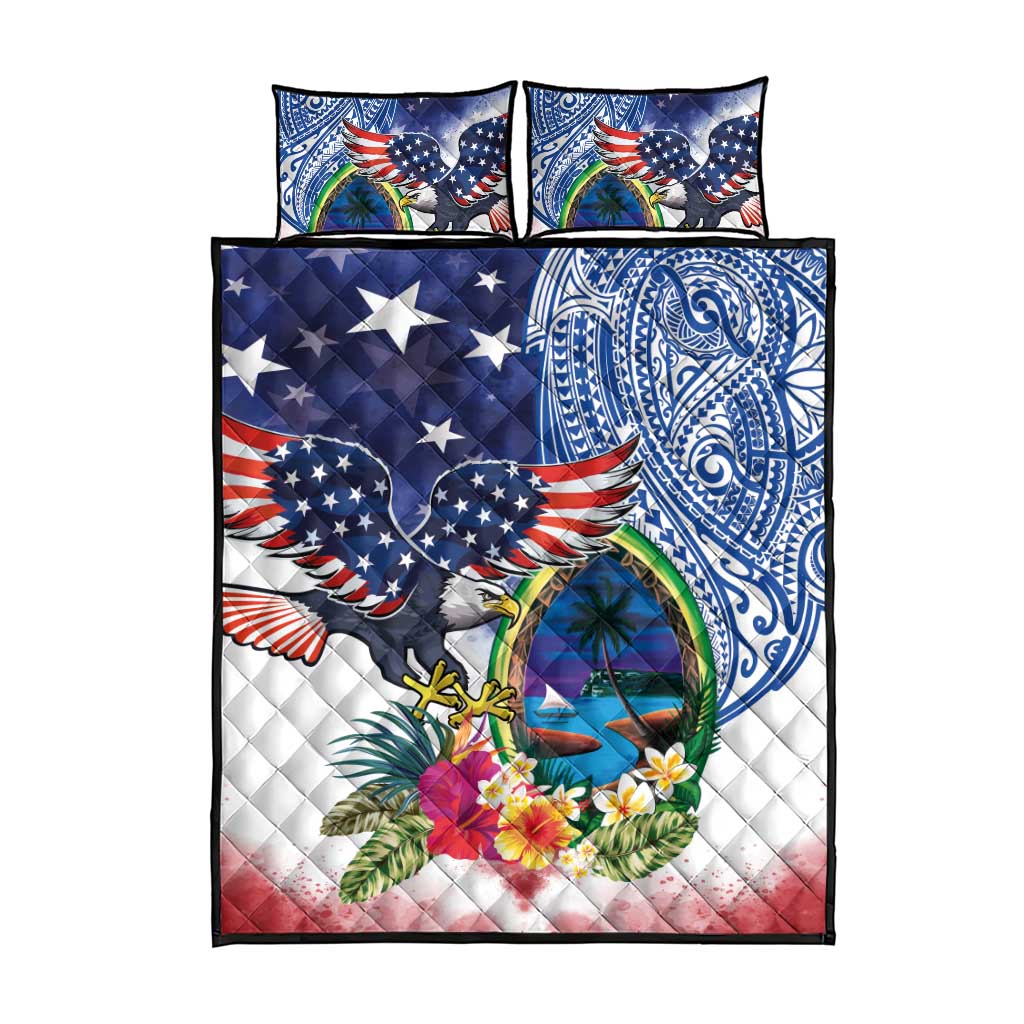 Guam and United States Together Quilt Bed Set Bald Eagle and Guam Seal with Flower and Tribal Tattoos LT03 - Polynesian Pride