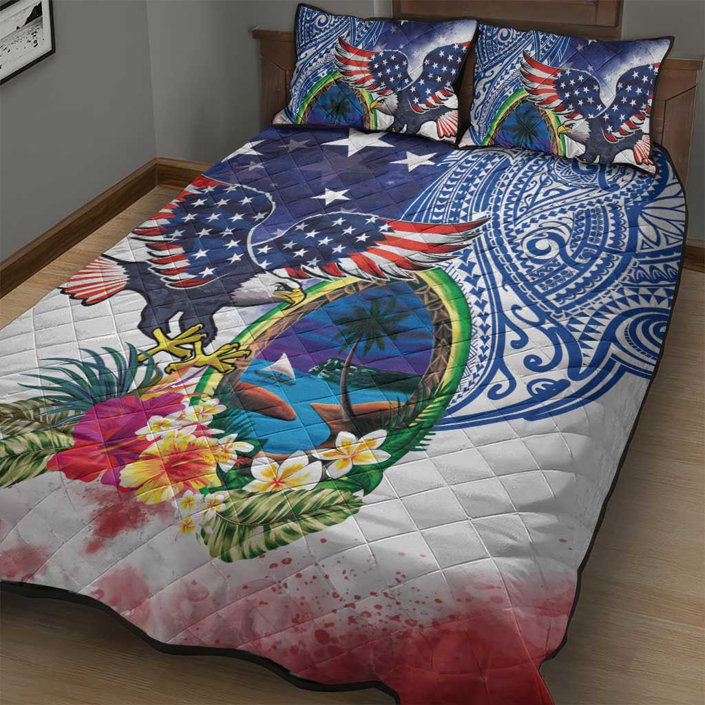 Guam and United States Together Quilt Bed Set Bald Eagle and Guam Seal with Flower and Tribal Tattoos LT03 - Polynesian Pride