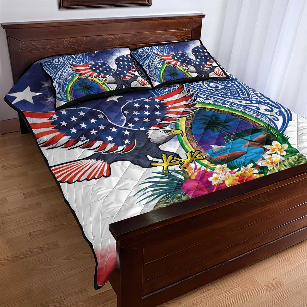 Guam and United States Together Quilt Bed Set Bald Eagle and Guam Seal with Flower and Tribal Tattoos LT03 - Polynesian Pride