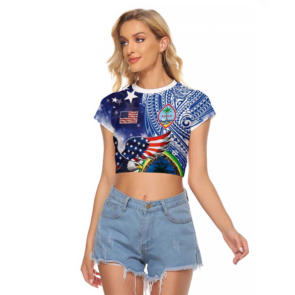 Guam and United States Together Raglan Cropped T Shirt Bald Eagle and Guam Seal with Flower and Tribal Tattoos LT03 Female Multicolor - Polynesian Pride