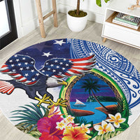 Guam and United States Together Round Carpet Bald Eagle and Guam Seal with Flower and Tribal Tattoos LT03 Multicolor - Polynesian Pride