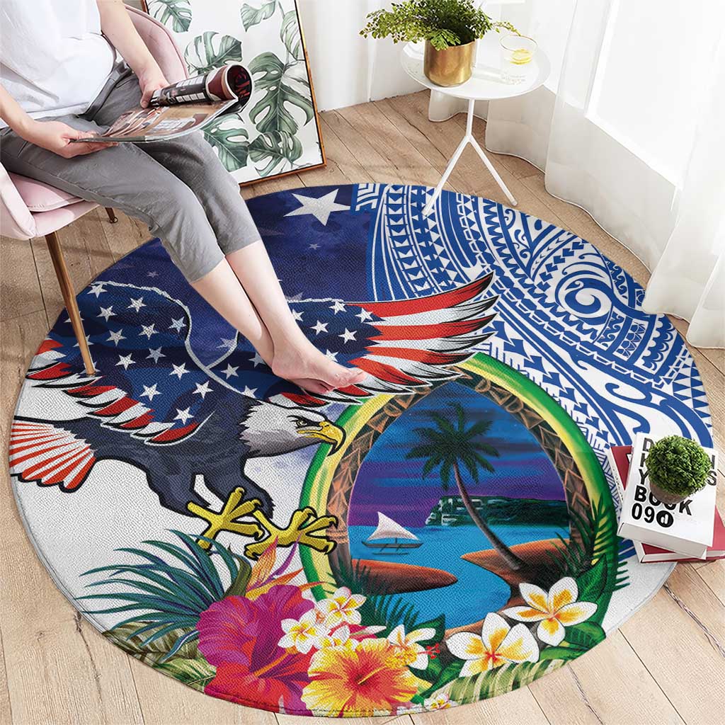 Guam and United States Together Round Carpet Bald Eagle and Guam Seal with Flower and Tribal Tattoos LT03 - Polynesian Pride