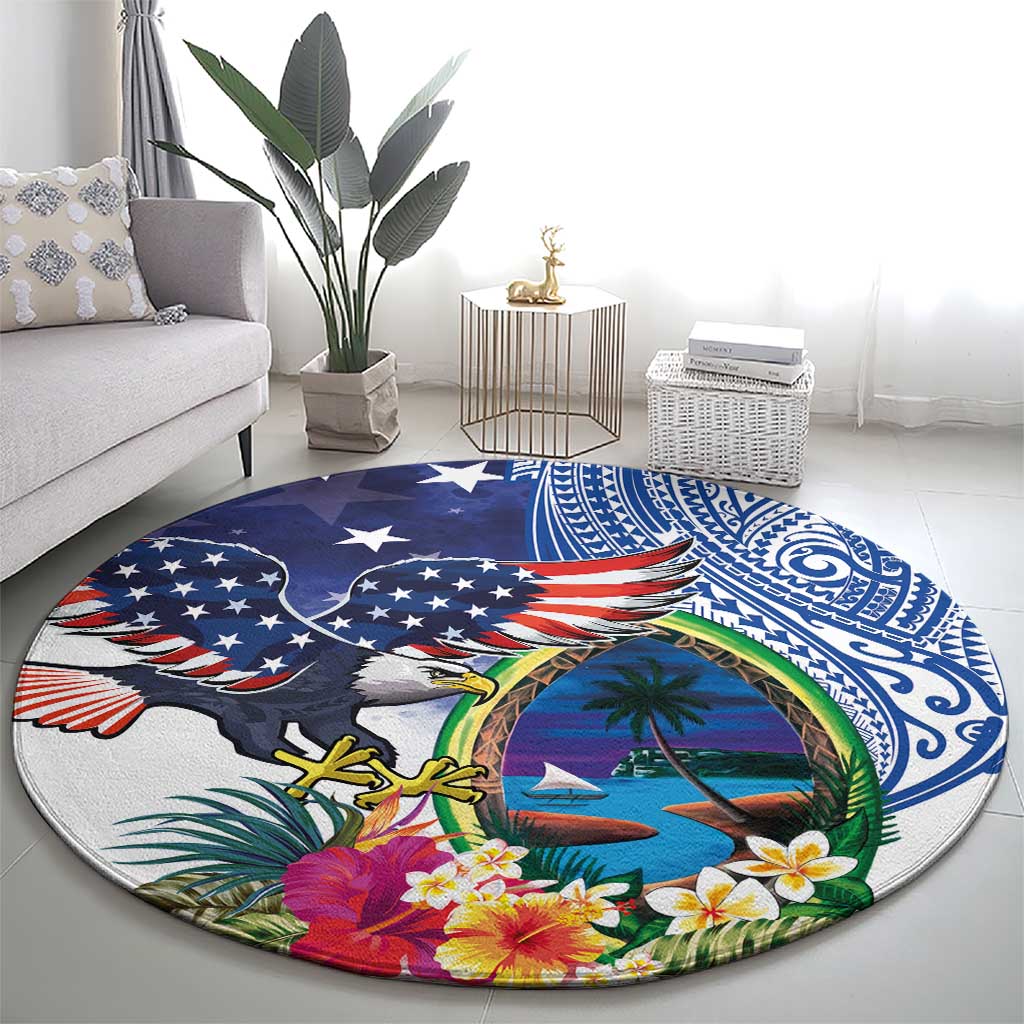 Guam and United States Together Round Carpet Bald Eagle and Guam Seal with Flower and Tribal Tattoos LT03 - Polynesian Pride