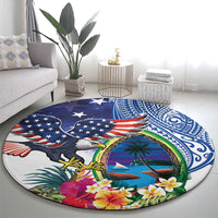 Guam and United States Together Round Carpet Bald Eagle and Guam Seal with Flower and Tribal Tattoos LT03 - Polynesian Pride