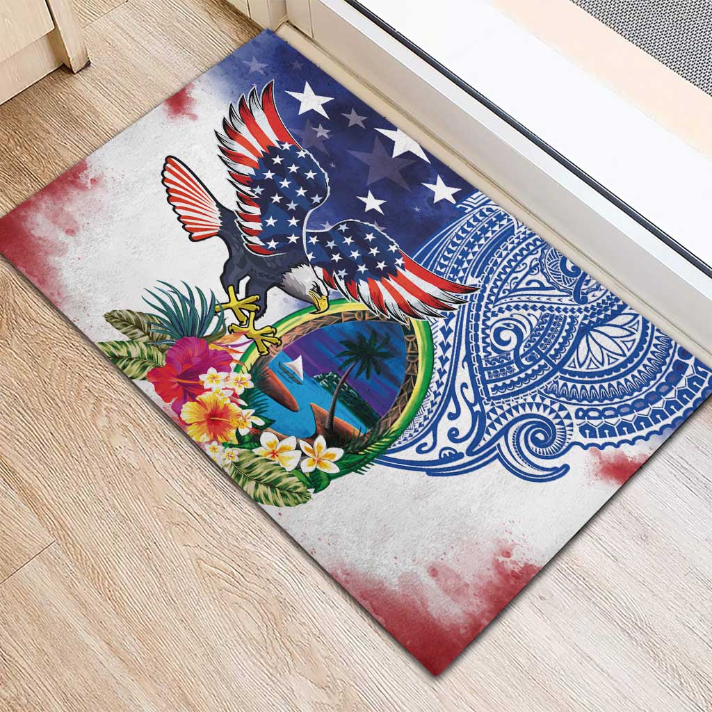 Guam and United States Together Rubber Doormat Bald Eagle and Guam Seal with Flower and Tribal Tattoos LT03 - Polynesian Pride