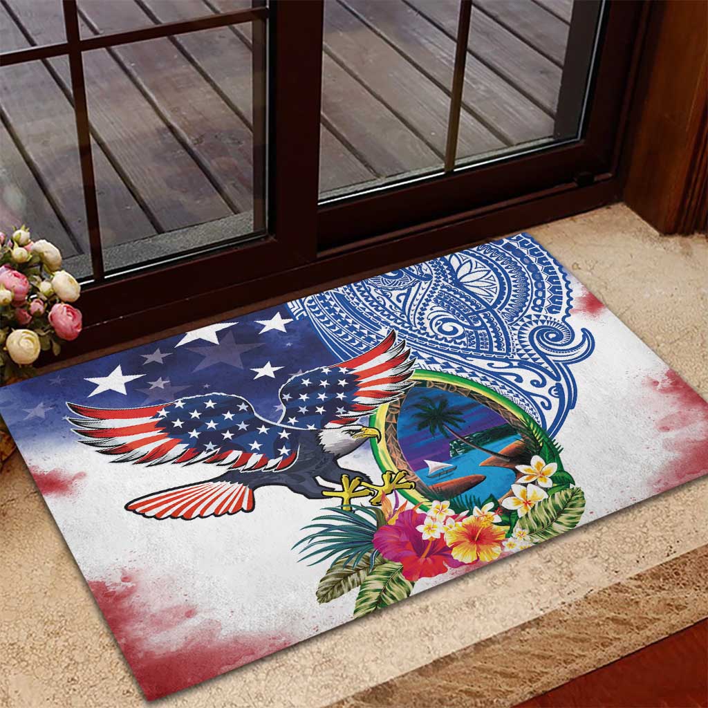 Guam and United States Together Rubber Doormat Bald Eagle and Guam Seal with Flower and Tribal Tattoos LT03 - Polynesian Pride