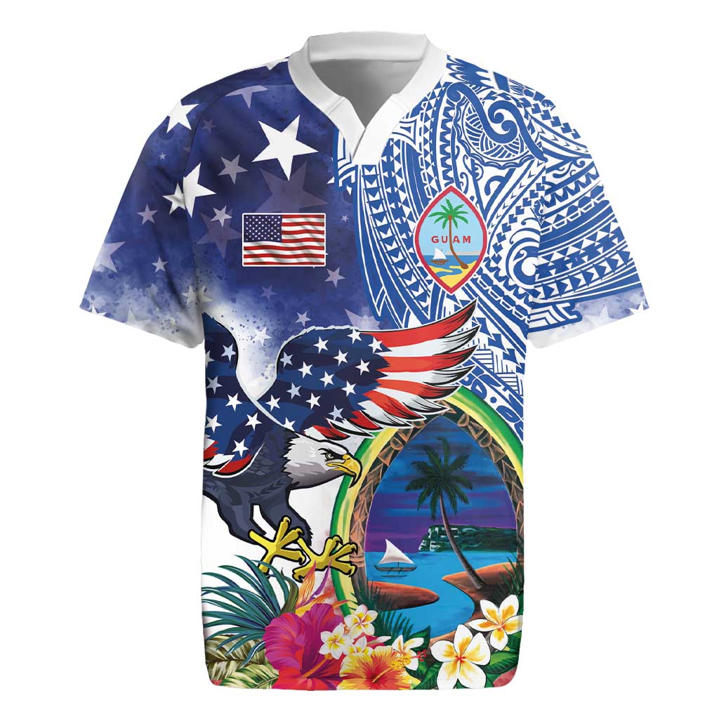Guam and United States Together Rugby Jersey Bald Eagle and Guam Seal with Flower and Tribal Tattoos LT03 Multicolor - Polynesian Pride