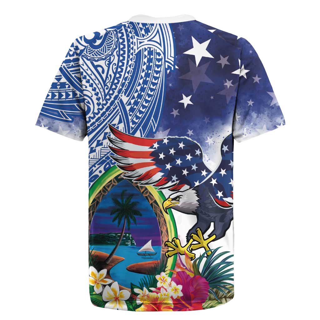 Guam and United States Together Rugby Jersey Bald Eagle and Guam Seal with Flower and Tribal Tattoos LT03 - Polynesian Pride