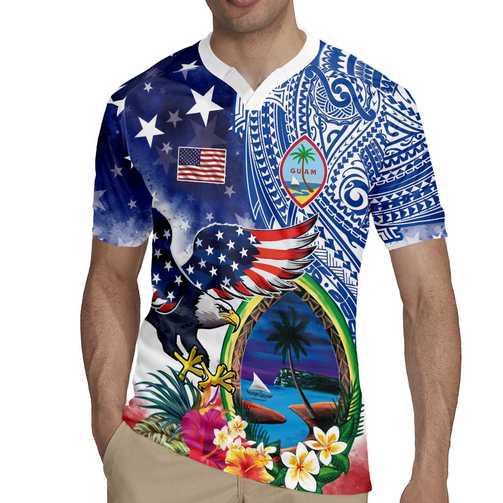 Guam and United States Together Rugby Jersey Bald Eagle and Guam Seal with Flower and Tribal Tattoos LT03 - Polynesian Pride