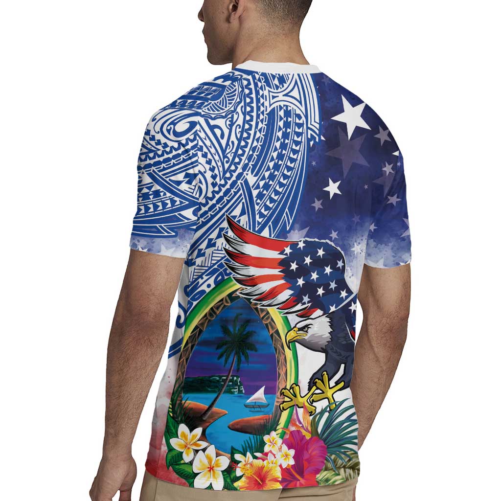Guam and United States Together Rugby Jersey Bald Eagle and Guam Seal with Flower and Tribal Tattoos LT03 - Polynesian Pride
