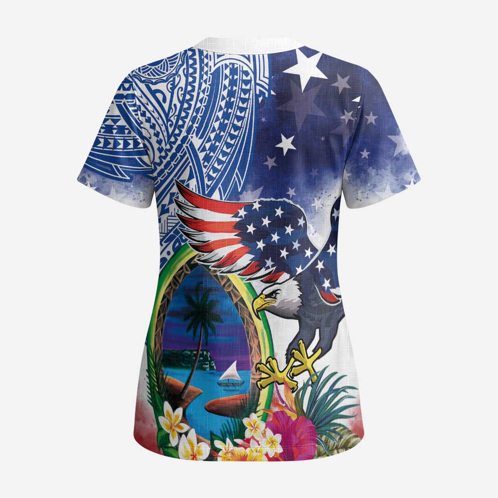 Guam and United States Together Scrub Top Bald Eagle and Guam Seal with Flower and Tribal Tattoos LT03 - Polynesian Pride