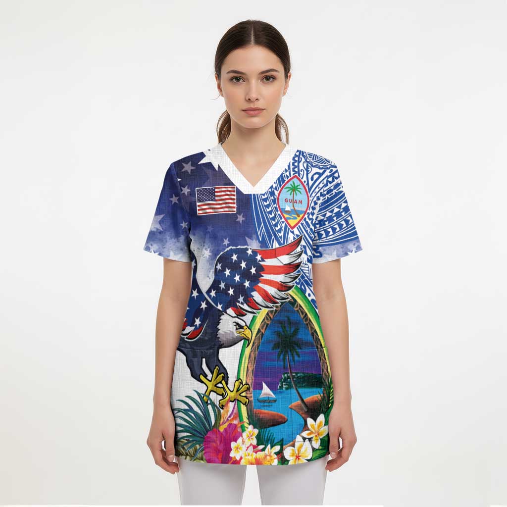 Guam and United States Together Scrub Top Bald Eagle and Guam Seal with Flower and Tribal Tattoos LT03 - Polynesian Pride
