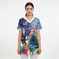 Guam and United States Together Scrub Top Bald Eagle and Guam Seal with Flower and Tribal Tattoos LT03 - Polynesian Pride