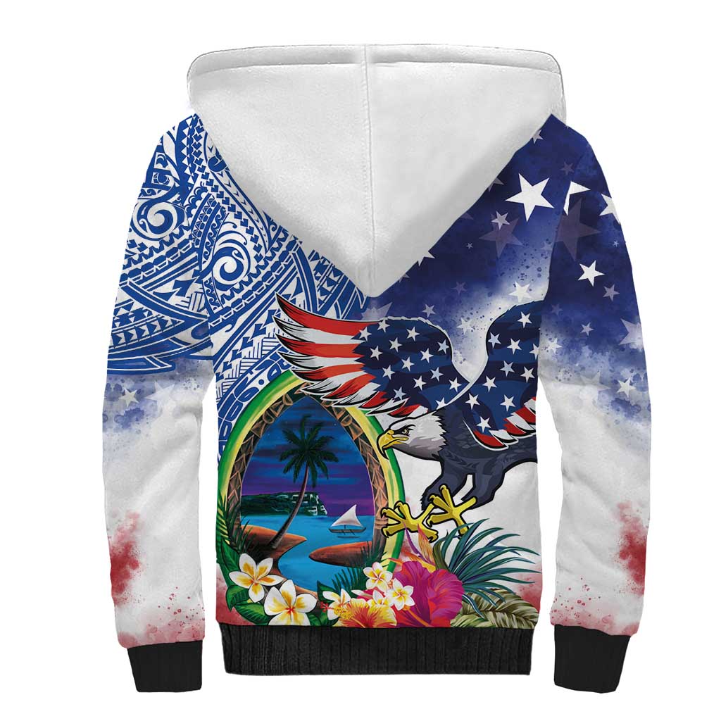 Guam and United States Together Sherpa Hoodie Bald Eagle and Guam Seal with Flower and Tribal Tattoos LT03 - Polynesian Pride