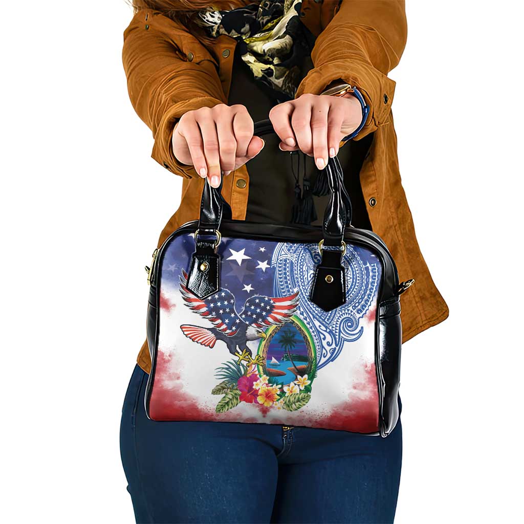 Guam and United States Together Shoulder Handbag Bald Eagle and Guam Seal with Flower and Tribal Tattoos LT03 One Size Multicolor - Polynesian Pride
