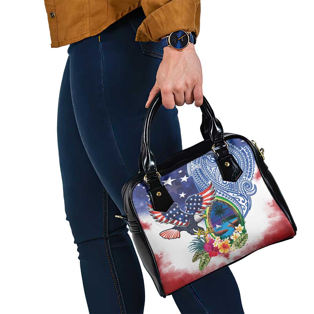 Guam and United States Together Shoulder Handbag Bald Eagle and Guam Seal with Flower and Tribal Tattoos LT03 - Polynesian Pride