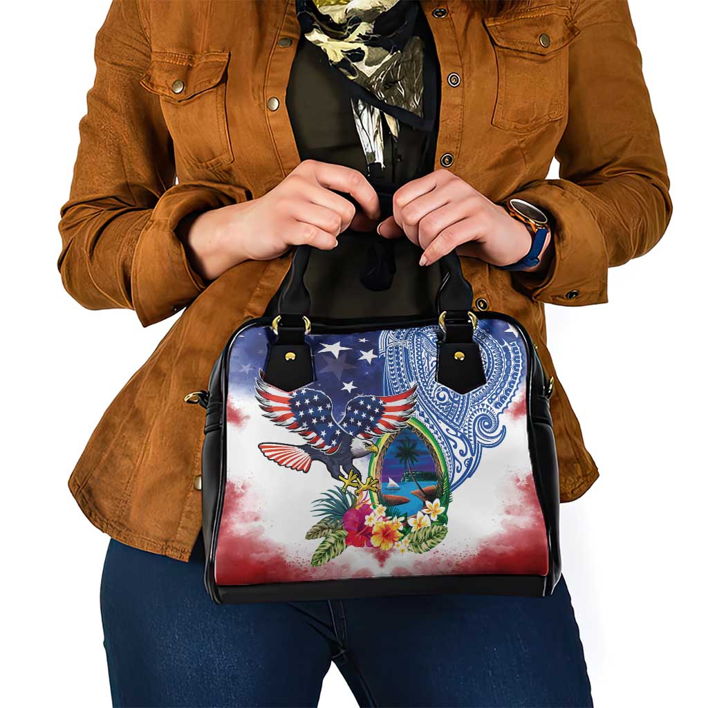 Guam and United States Together Shoulder Handbag Bald Eagle and Guam Seal with Flower and Tribal Tattoos LT03 - Polynesian Pride