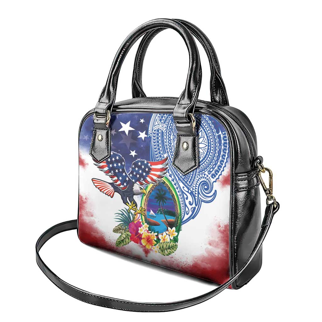 Guam and United States Together Shoulder Handbag Bald Eagle and Guam Seal with Flower and Tribal Tattoos LT03 - Polynesian Pride