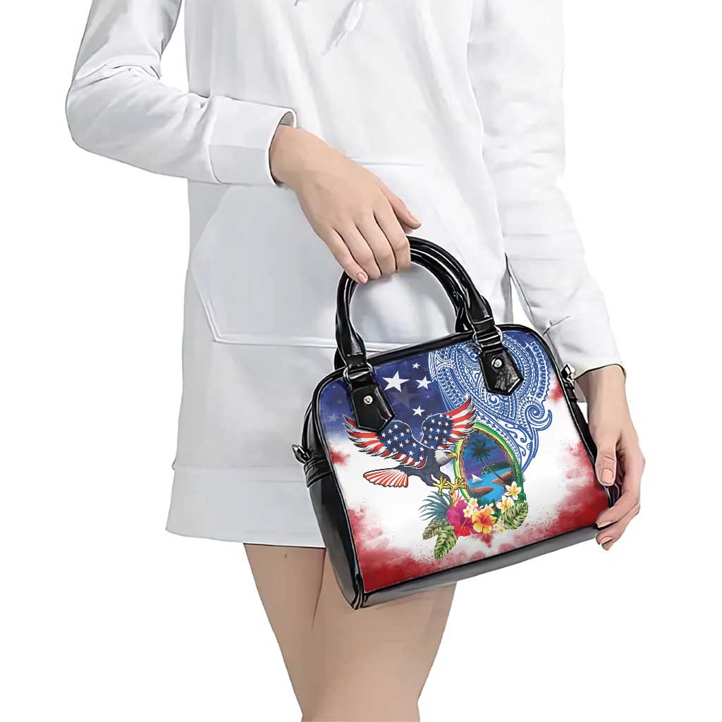 Guam and United States Together Shoulder Handbag Bald Eagle and Guam Seal with Flower and Tribal Tattoos LT03 - Polynesian Pride