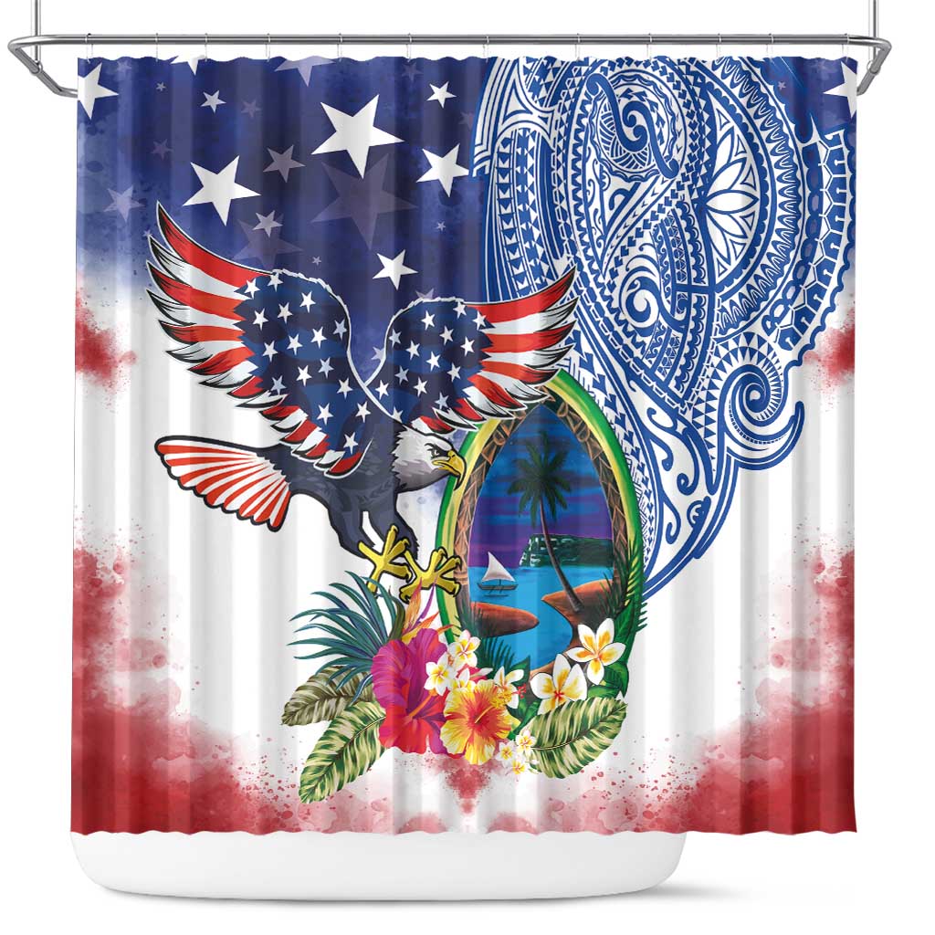 Guam and United States Together Shower Curtain Bald Eagle and Guam Seal with Flower and Tribal Tattoos LT03 Multicolor - Polynesian Pride