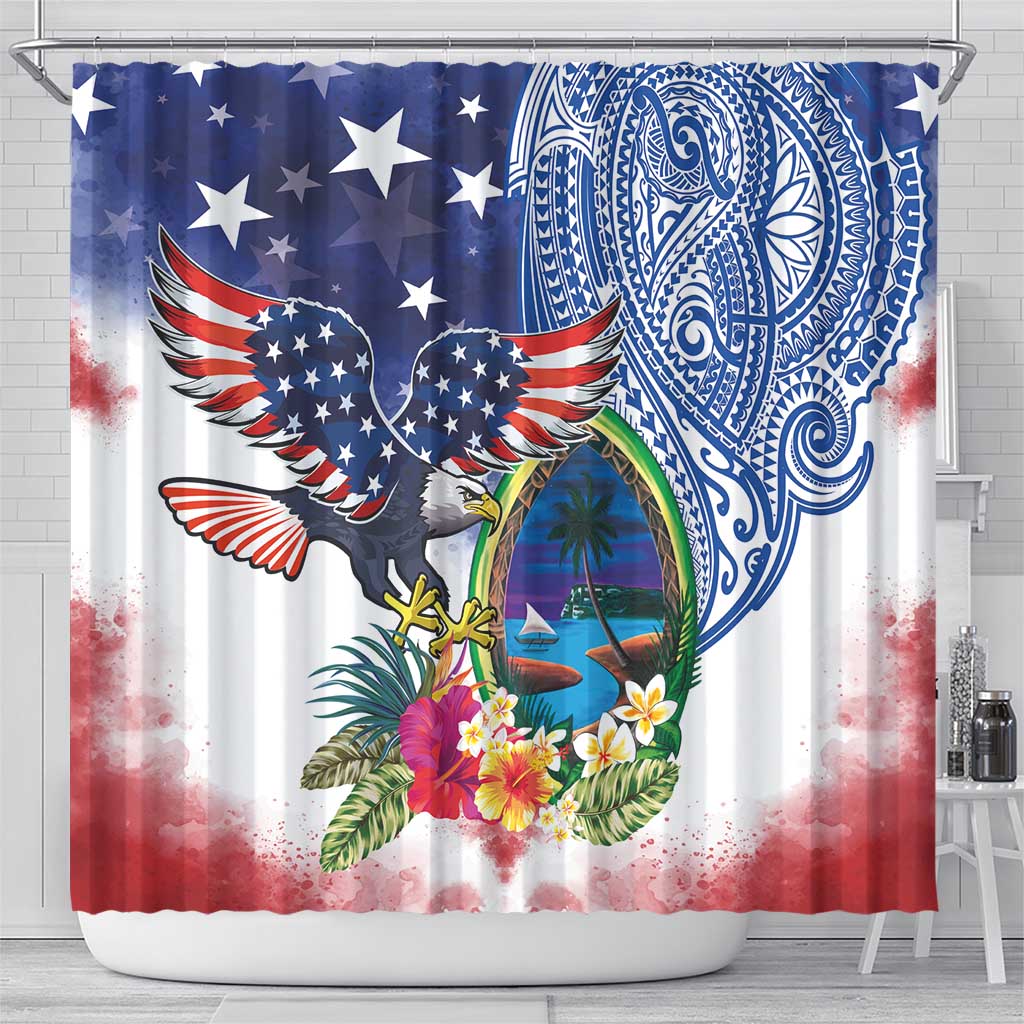 Guam and United States Together Shower Curtain Bald Eagle and Guam Seal with Flower and Tribal Tattoos LT03 - Polynesian Pride