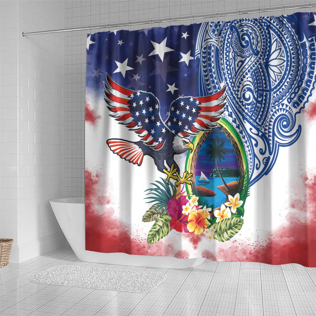 Guam and United States Together Shower Curtain Bald Eagle and Guam Seal with Flower and Tribal Tattoos LT03 - Polynesian Pride