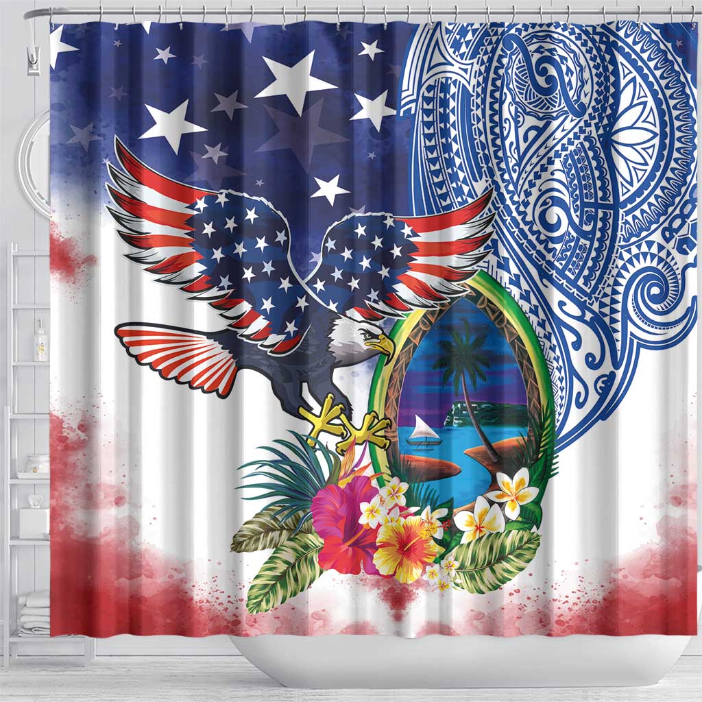 Guam and United States Together Shower Curtain Bald Eagle and Guam Seal with Flower and Tribal Tattoos LT03 - Polynesian Pride