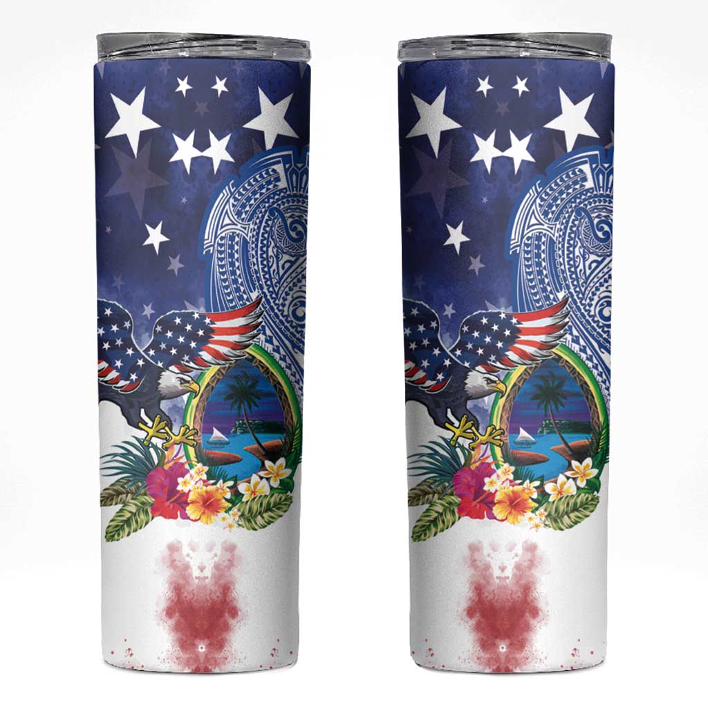 Guam and United States Together Skinny Tumbler Bald Eagle and Guam Seal with Flower and Tribal Tattoos LT03 Multicolor - Polynesian Pride
