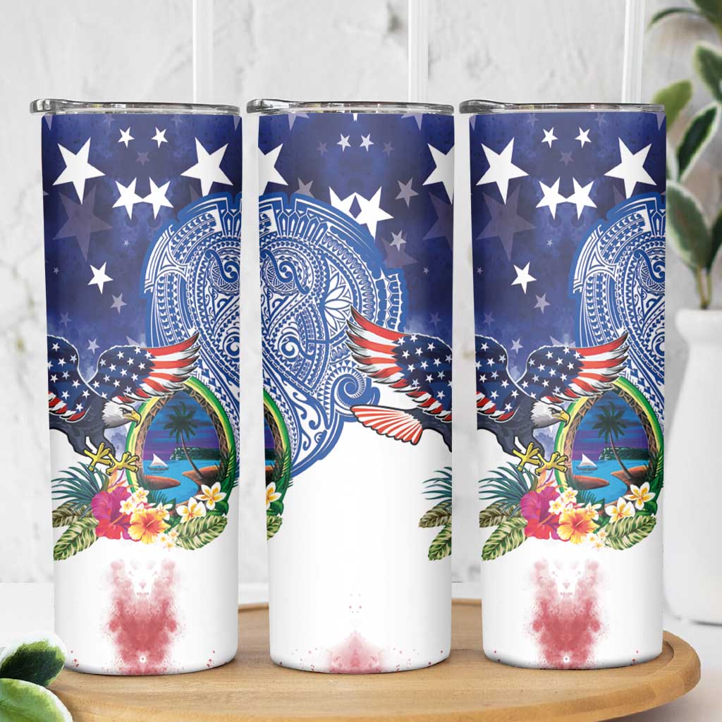 Guam and United States Together Skinny Tumbler Bald Eagle and Guam Seal with Flower and Tribal Tattoos LT03 - Polynesian Pride