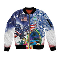 Guam and United States Together Sleeve Zip Bomber Jacket Bald Eagle and Guam Seal with Flower and Tribal Tattoos LT03 Unisex Multicolor - Polynesian Pride