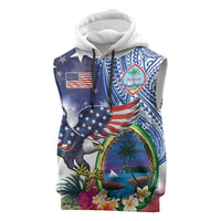 Guam and United States Together Sleeveless Hoodie Bald Eagle and Guam Seal with Flower and Tribal Tattoos LT03 Multicolor - Polynesian Pride