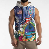 Guam and United States Together Sleeveless Hoodie Bald Eagle and Guam Seal with Flower and Tribal Tattoos LT03 - Polynesian Pride