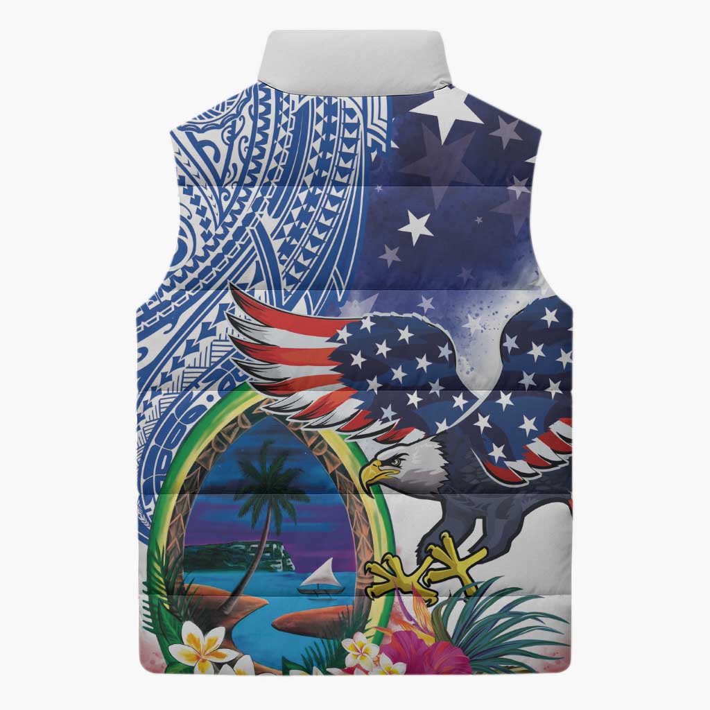 Guam and United States Together Sleeveless Puffer Jacket Bald Eagle and Guam Seal with Flower and Tribal Tattoos LT03 - Polynesian Pride