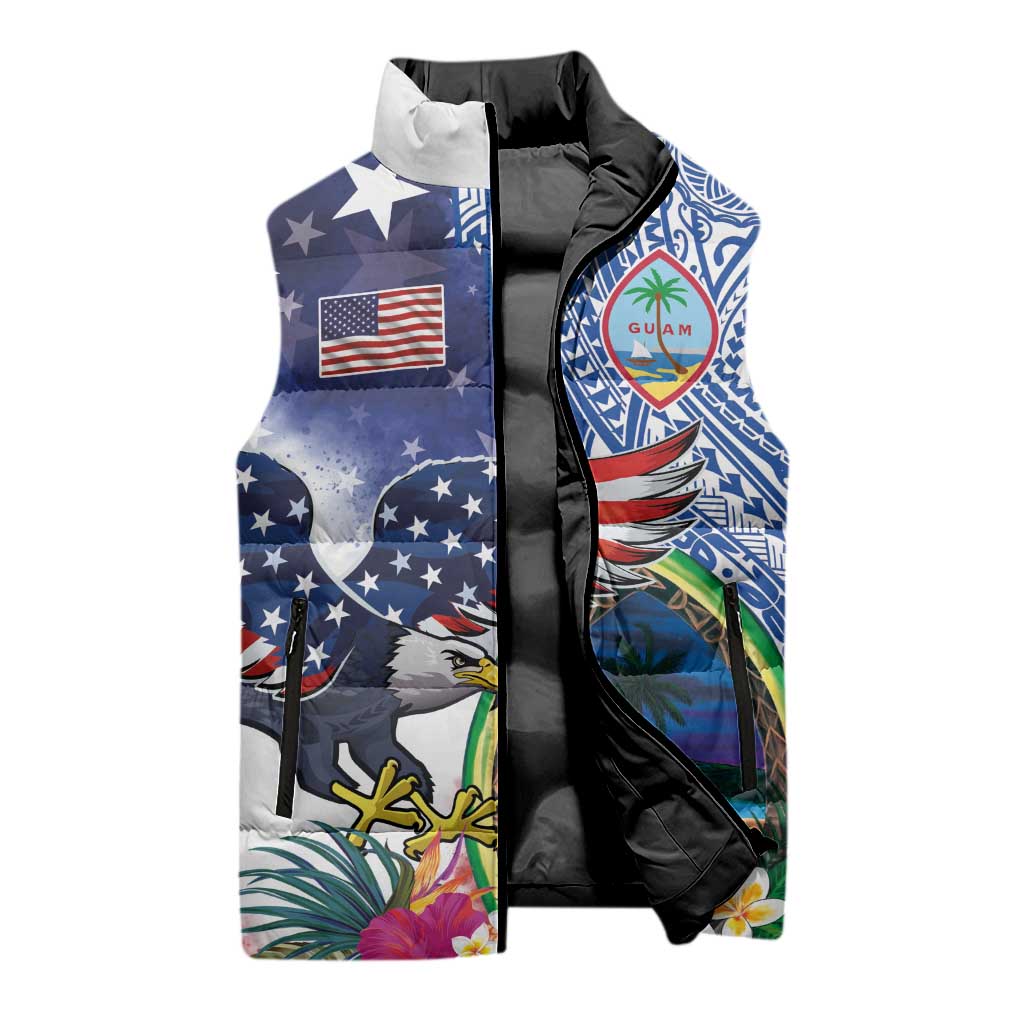 Guam and United States Together Sleeveless Puffer Jacket Bald Eagle and Guam Seal with Flower and Tribal Tattoos LT03 - Polynesian Pride