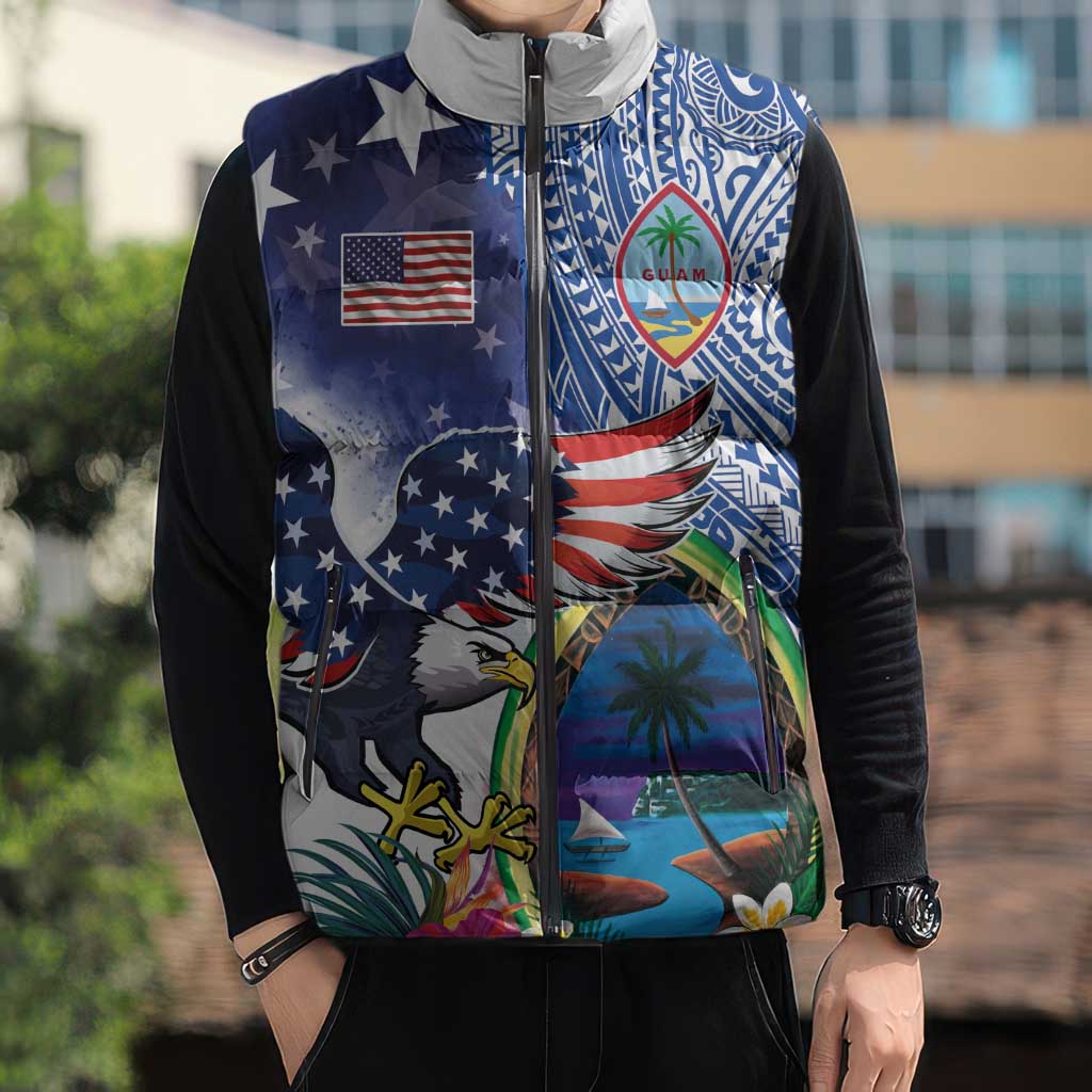 Guam and United States Together Sleeveless Puffer Jacket Bald Eagle and Guam Seal with Flower and Tribal Tattoos LT03 - Polynesian Pride