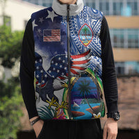 Guam and United States Together Sleeveless Puffer Jacket Bald Eagle and Guam Seal with Flower and Tribal Tattoos LT03 - Polynesian Pride