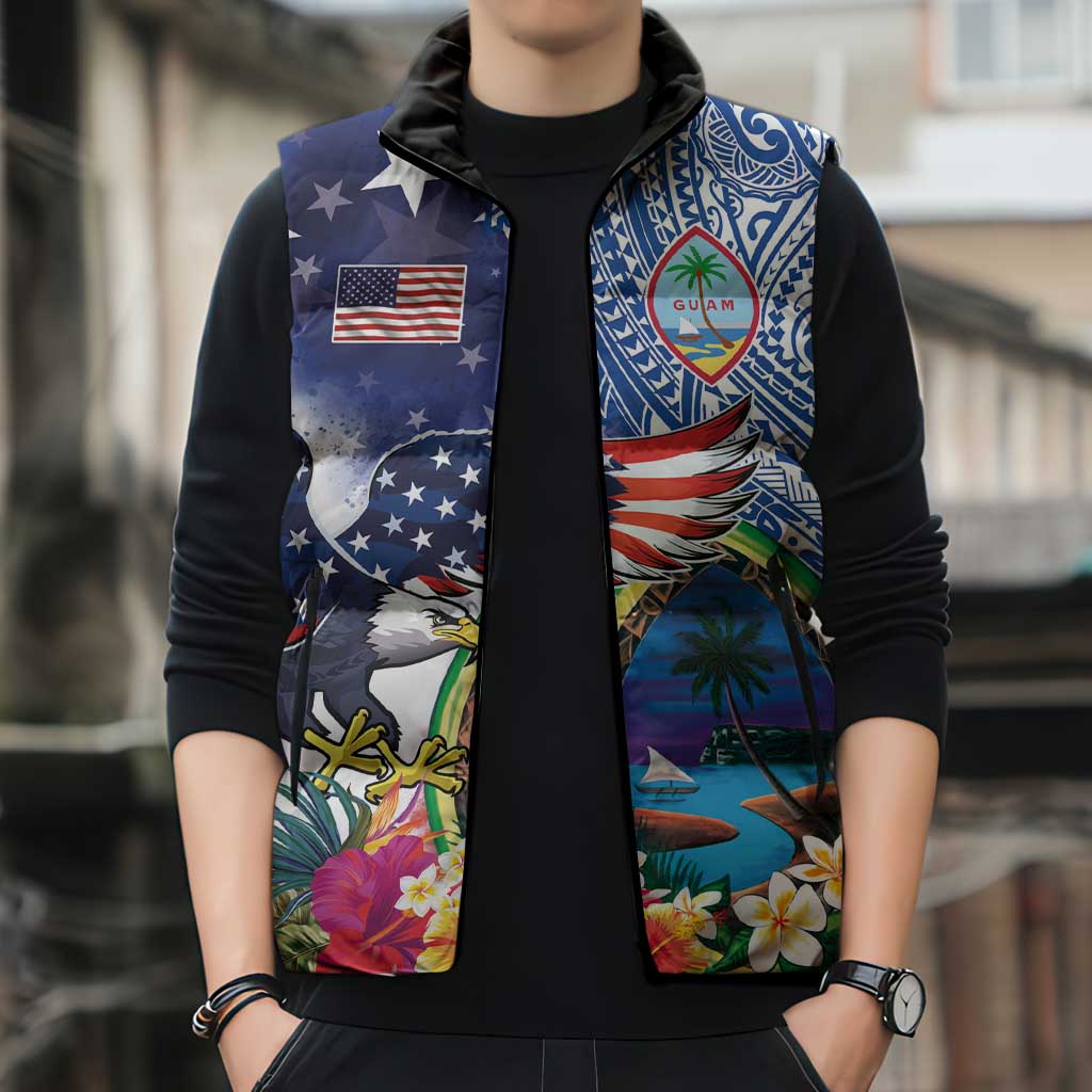 Guam and United States Together Sleeveless Puffer Jacket Bald Eagle and Guam Seal with Flower and Tribal Tattoos LT03 - Polynesian Pride