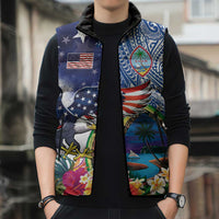 Guam and United States Together Sleeveless Puffer Jacket Bald Eagle and Guam Seal with Flower and Tribal Tattoos LT03 - Polynesian Pride