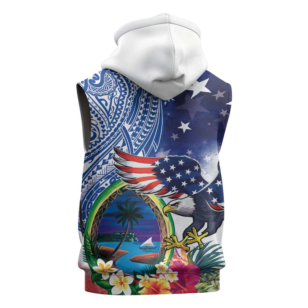 Guam and United States Together Sleeveless Zip Hoodie Bald Eagle and Guam Seal with Flower and Tribal Tattoos LT03 - Polynesian Pride