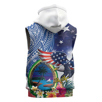 Guam and United States Together Sleeveless Zip Hoodie Bald Eagle and Guam Seal with Flower and Tribal Tattoos LT03 - Polynesian Pride