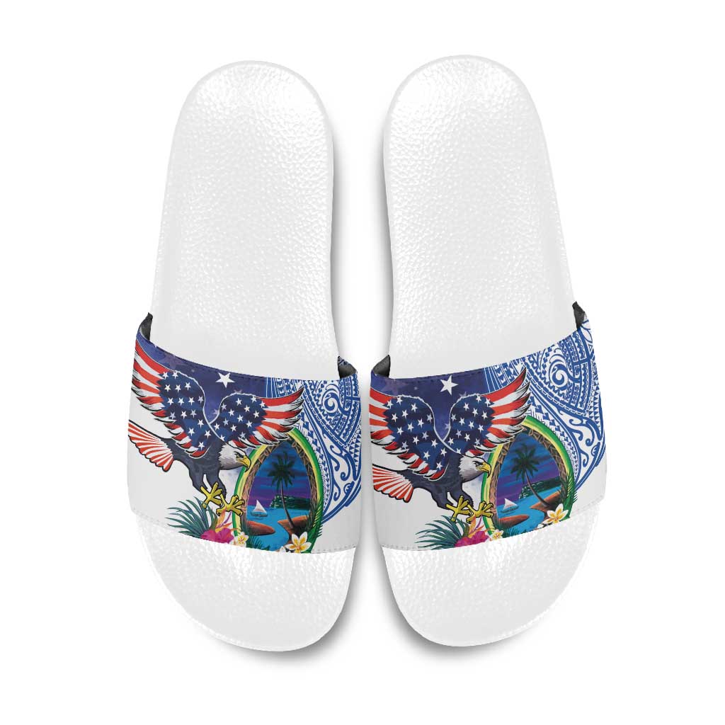 Guam and United States Together Slide Sandals Bald Eagle and Guam Seal with Flower and Tribal Tattoos LT03 Multicolor - Polynesian Pride