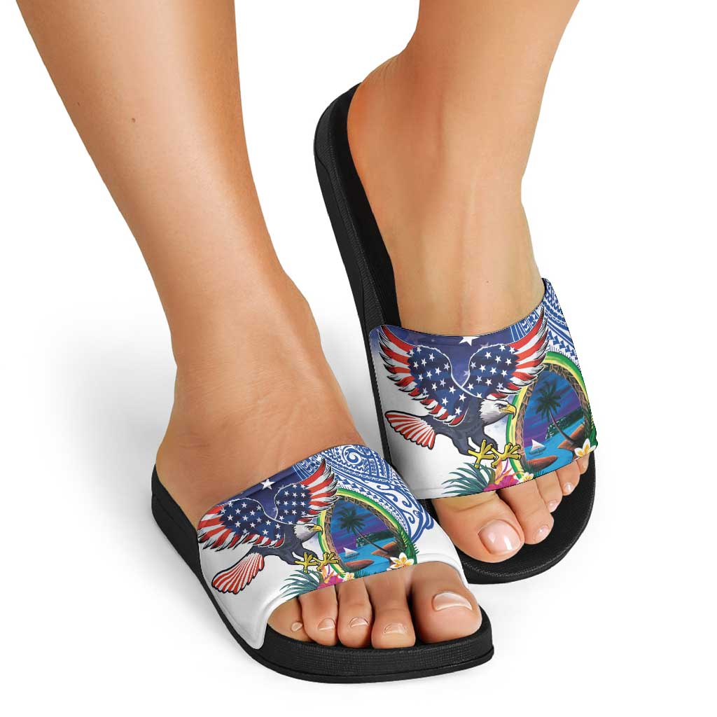 Guam and United States Together Slide Sandals Bald Eagle and Guam Seal with Flower and Tribal Tattoos LT03 - Polynesian Pride