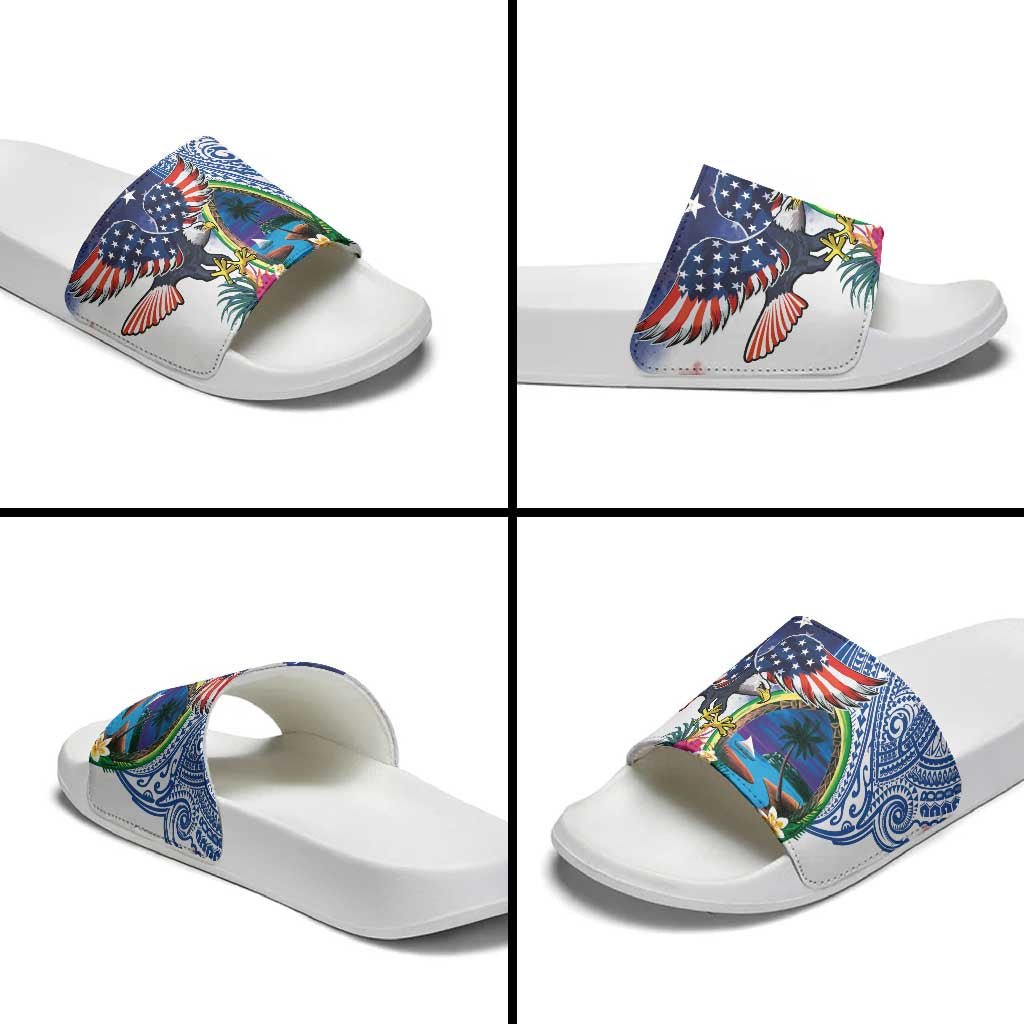 Guam and United States Together Slide Sandals Bald Eagle and Guam Seal with Flower and Tribal Tattoos LT03 - Polynesian Pride