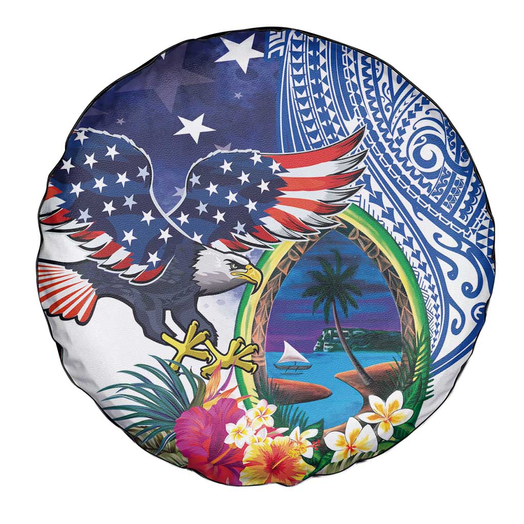 Guam and United States Together Spare Tire Cover Bald Eagle and Guam Seal with Flower and Tribal Tattoos LT03 - Polynesian Pride