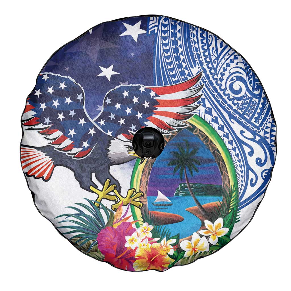 Guam and United States Together Spare Tire Cover Bald Eagle and Guam Seal with Flower and Tribal Tattoos LT03 - Polynesian Pride