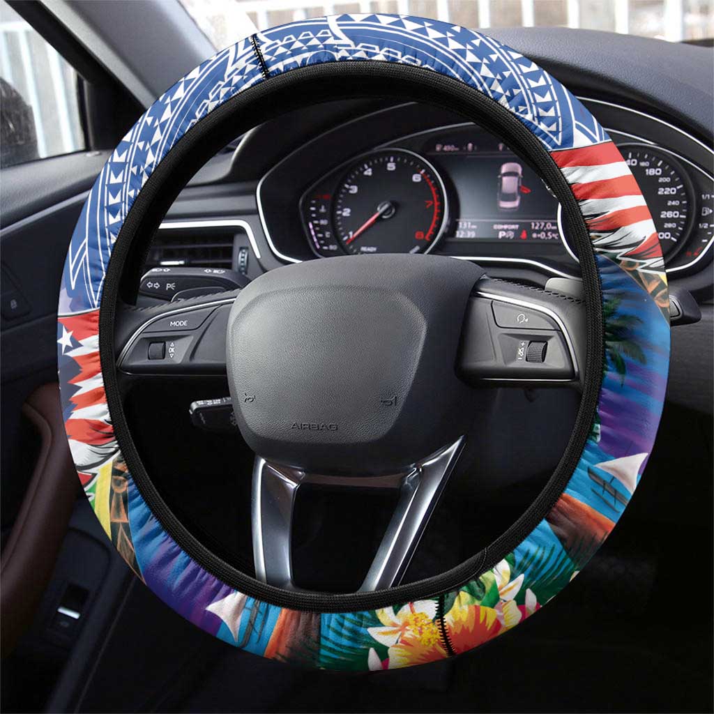 Guam and United States Together Steering Wheel Cover Bald Eagle and Guam Seal with Flower and Tribal Tattoos LT03 - Polynesian Pride