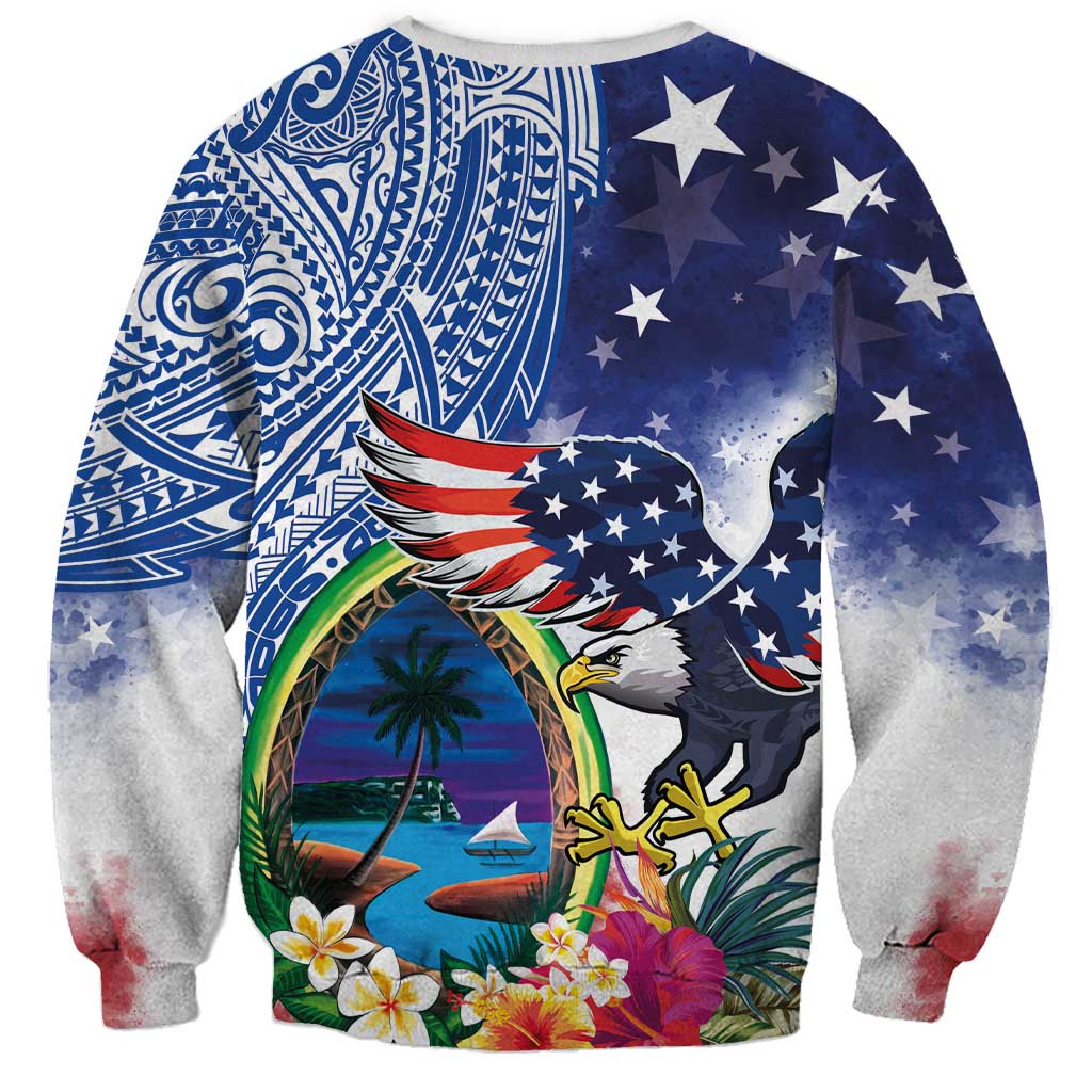Guam and United States Together Sweatshirt Bald Eagle and Guam Seal with Flower and Tribal Tattoos LT03 - Polynesian Pride