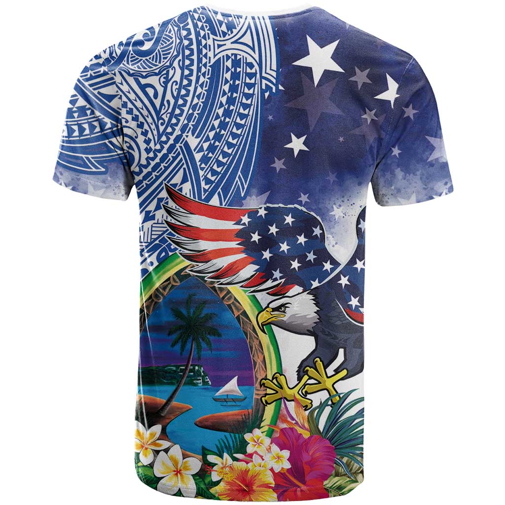 Guam and United States Together T Shirt Bald Eagle and Guam Seal with Flower and Tribal Tattoos LT03 - Polynesian Pride