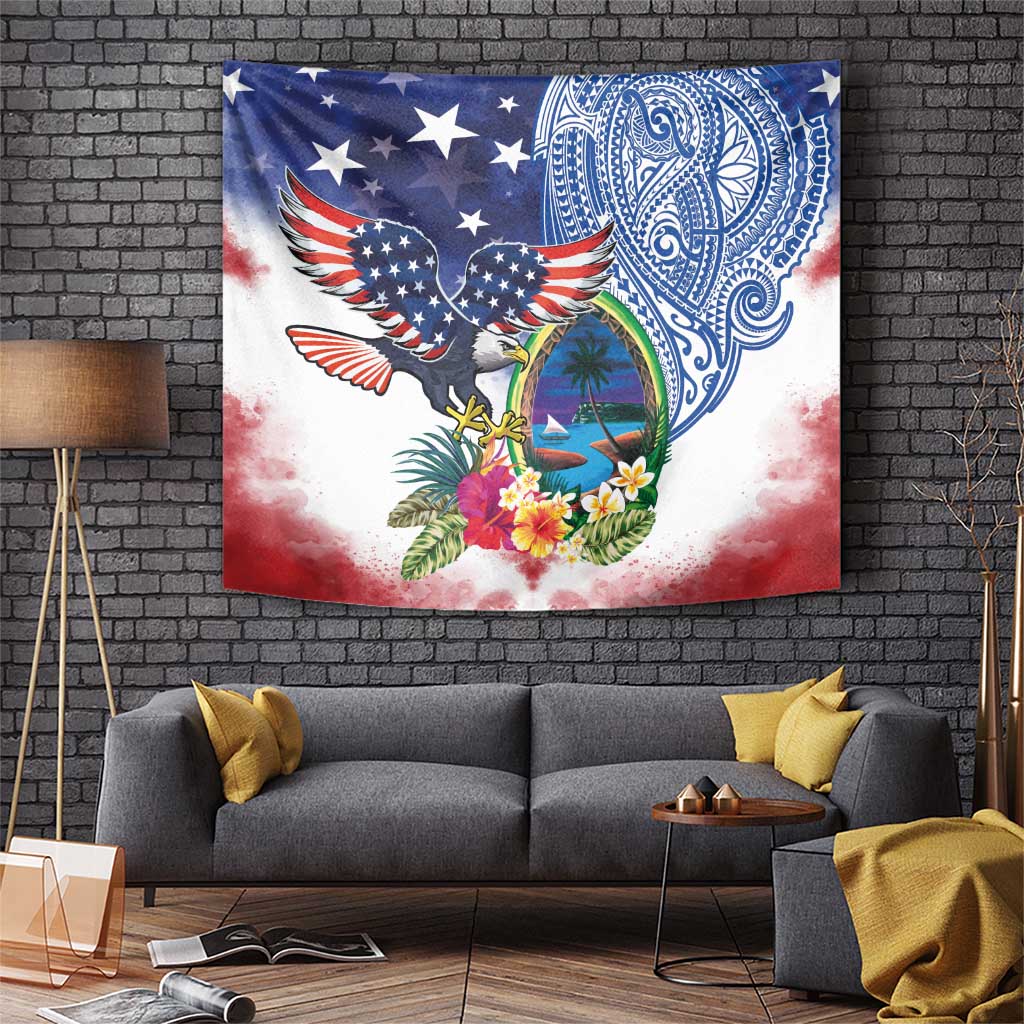 Guam and United States Together Tapestry Bald Eagle and Guam Seal with Flower and Tribal Tattoos LT03 Multicolor - Polynesian Pride