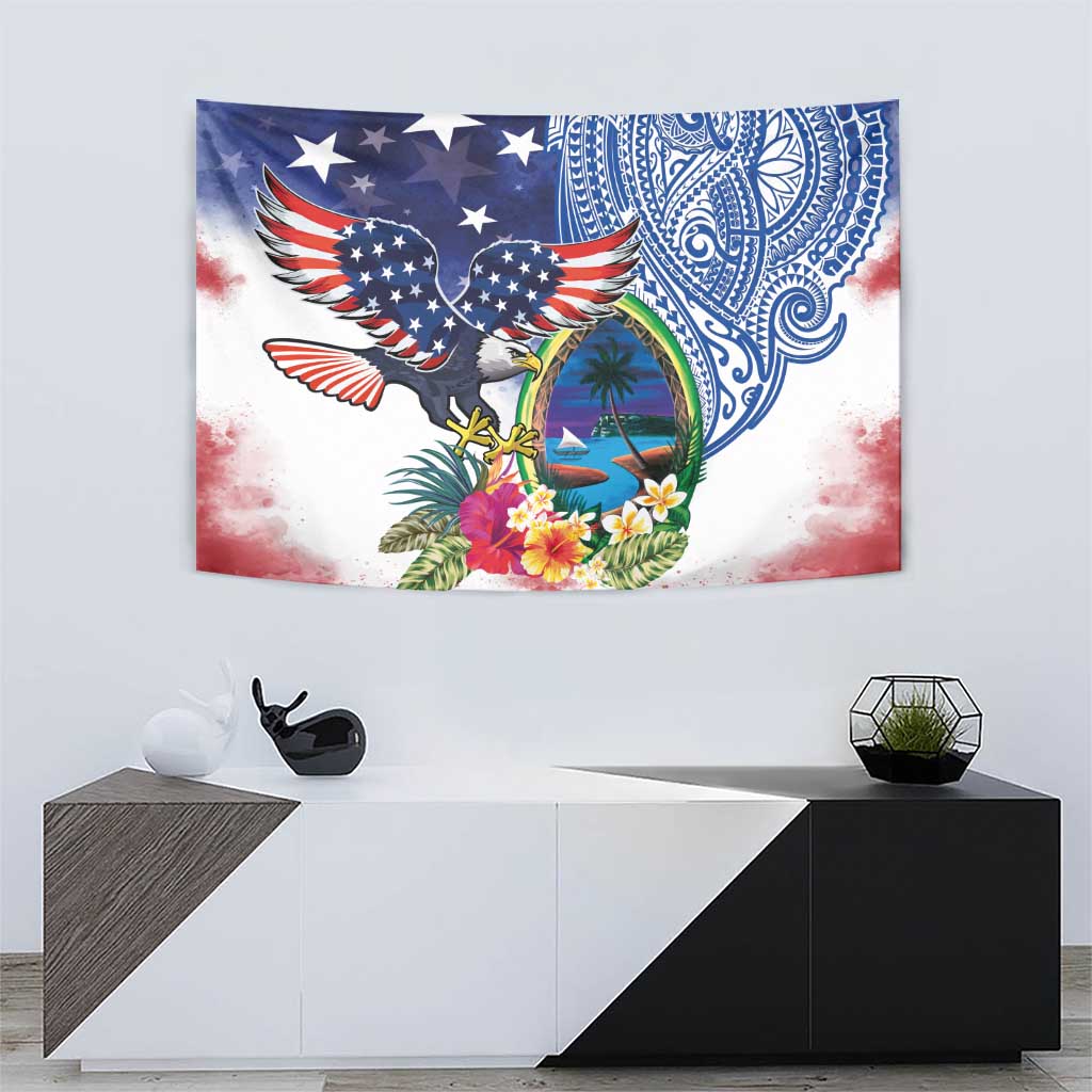 Guam and United States Together Tapestry Bald Eagle and Guam Seal with Flower and Tribal Tattoos LT03 - Polynesian Pride